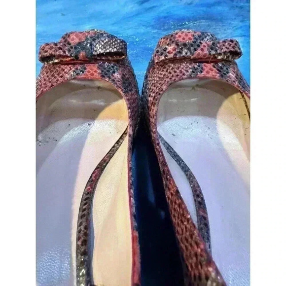 Stuart Weitzman Women’s 6.5 Red Snakeskin Peep Toe Sling Back Cork Wedge Heels - Picture 7 of 11